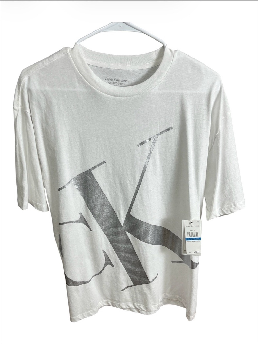 Calvin Klein Jeans Boys XL (18/20) Metallic Silver Monogram Logo T-Shirt NWT